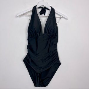 New DKNY Ladies Halter Shirred Swimsuit Black